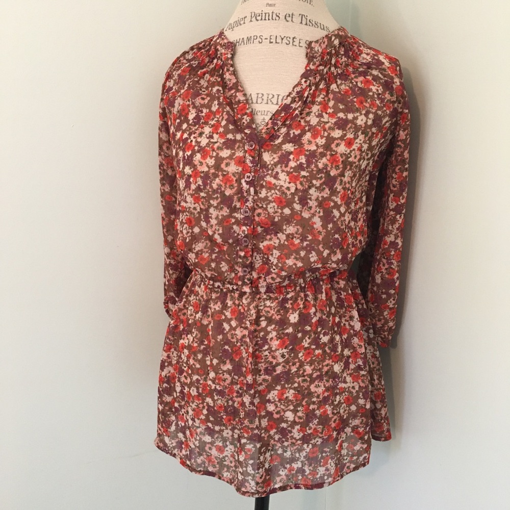 Floral mandarin collar tunic 3/4 sleeve blouse
